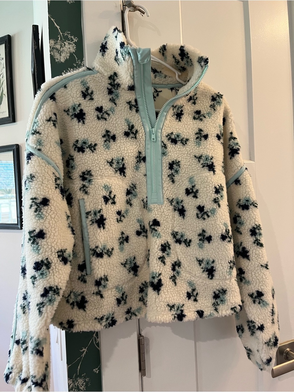 mittoshop Cream Sherpa Quarter-Zip Jacket w/Teal and Black Floral Accents NWOT